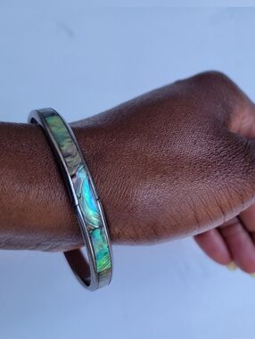 Abalone Shell Inlay Bangle Bracelet | Iridescent Statement Cuff | Silver Tone